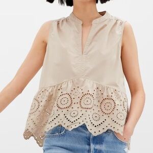 NEW Gap Women Peplum Top XL Brown Eyelet‎ Knit Split Neck Coastal Summer Cottage